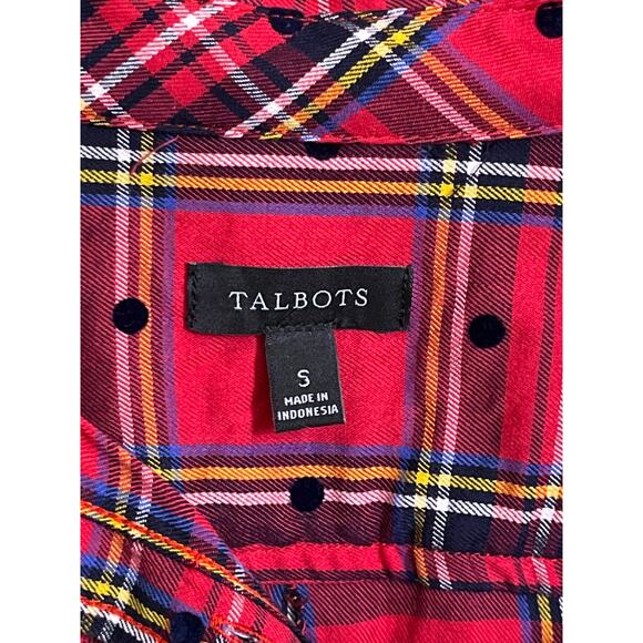 Talbots Red Plaid Polka Dot Button Front Shirt Small Cotton Rayon Blend Holiday - Picture 2 of 8